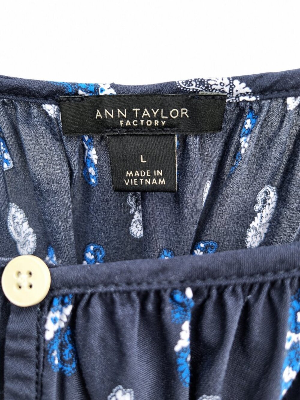 Ann Taylor Factory L Navy Paisley Border Print Boho Peasant Blouse Cotton Blend - Picture 4 of 5